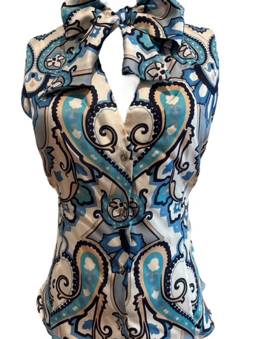 NWOT Les Copains Blue & Cream Paisley Silk Tie-Neck Sleeveless Blouse Sz 48 (14)